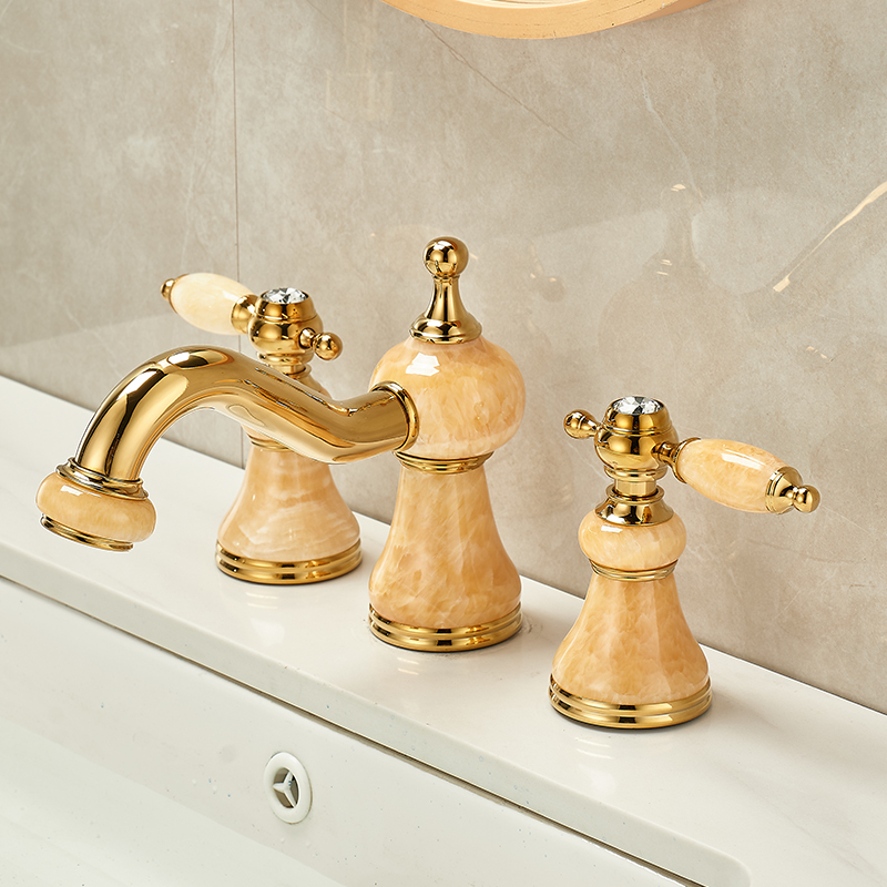 Natural Jade Three-Hole Three-Piece Set Hot and Cold Faucet Bathroom Marble Basin Golden Copper European-Style Faucet
