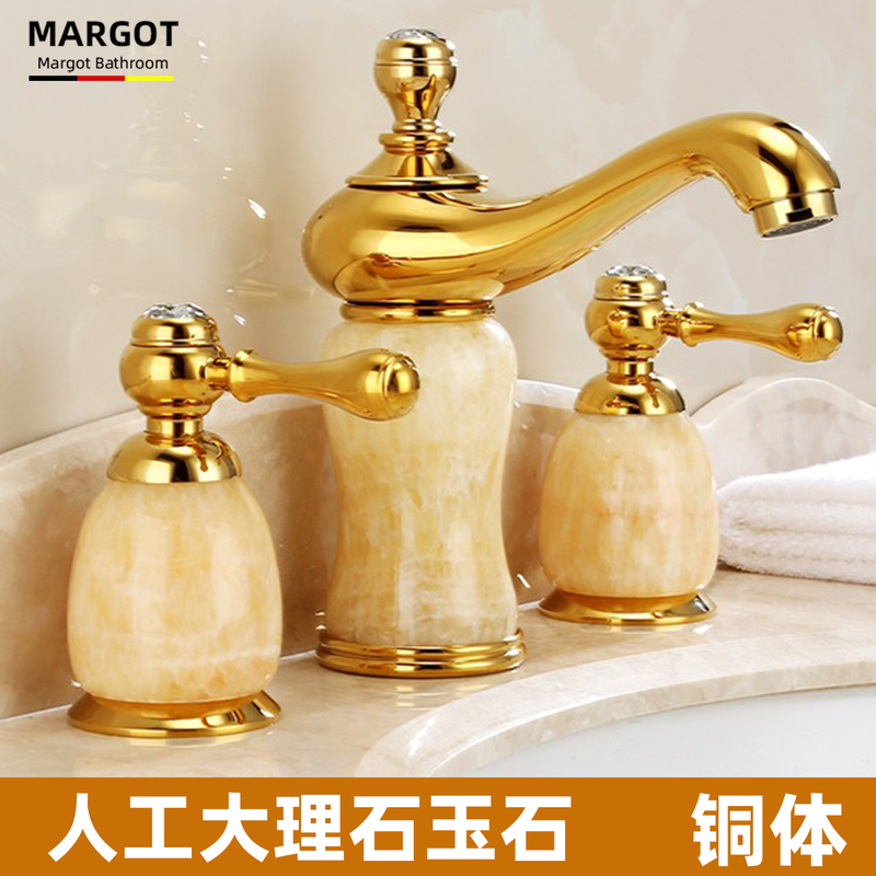 All-Copper Natural Jade Three-Hole Hot and Cold Water Faucet with Separate Marble Basin, Gold Color with Spray Head, European-Style Faucet All-Copper Natural Jade Three-Hole Hot and Cold Water Faucet with Separate Marble Basin, Gold Color with Spray Head, European-Style Faucet