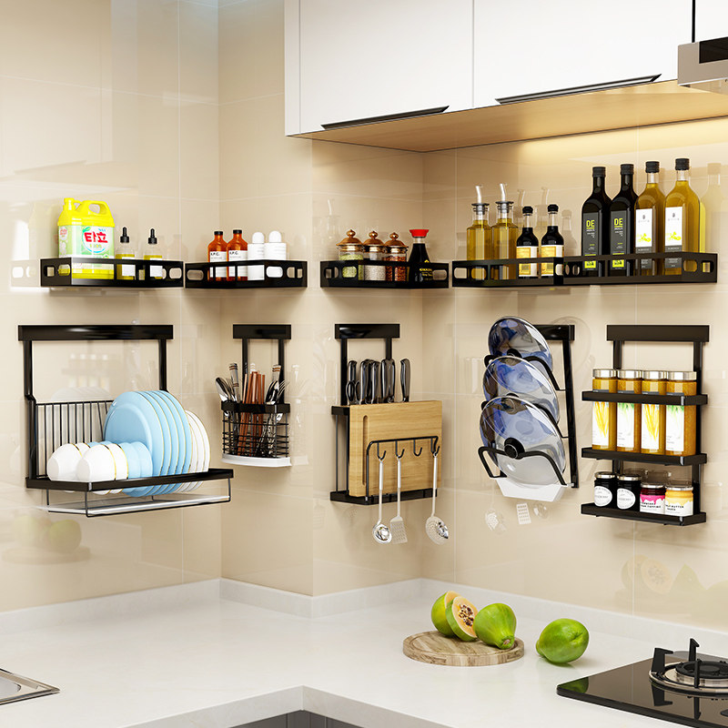 Free Punching Stainless Steel Condiment Shelve Shelve Kitchen Wall-mounted Bowl Rack Putting Tool Holder Chopping and Seasoning Jar Rack Hanging Wall Rack