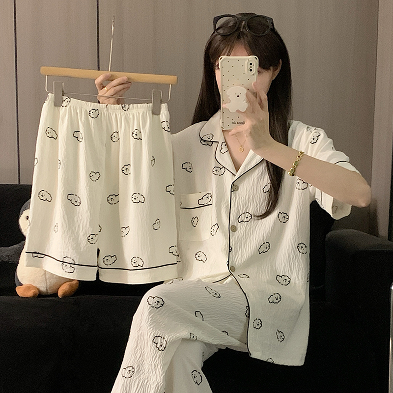 Summer Pure Cotton Gauze Short-Sleeved Three-Piece Set That Can Be Worn Outside as Home Clothes, Korean Style Cartoon Cute Comfortable Breathable Pajamas for Women