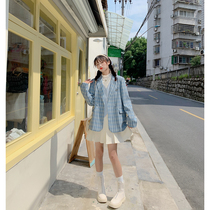 Cloth sauce original Yuhai Handbook vintage retro check double-breasted blazer womens autumn gift badge