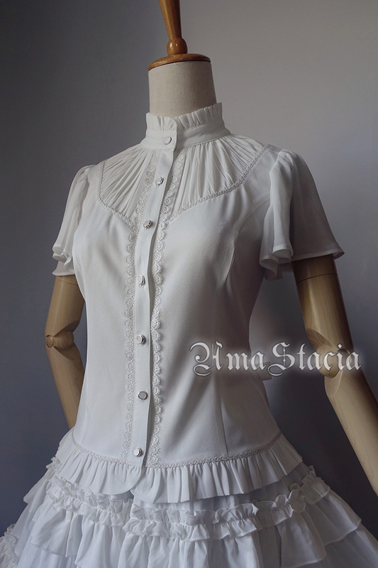【Super Fast Group】Amastacia ◇ Morning Prayer ◇ Classic Pleated Stand-Up Collar Ruffled Short-Sleeved Chiffon Shirt