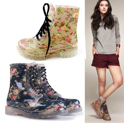 New fashion rain shoes ladies Broken Flowers Boots Transparent Printed Water Shoes Wind Up in Europe and America 