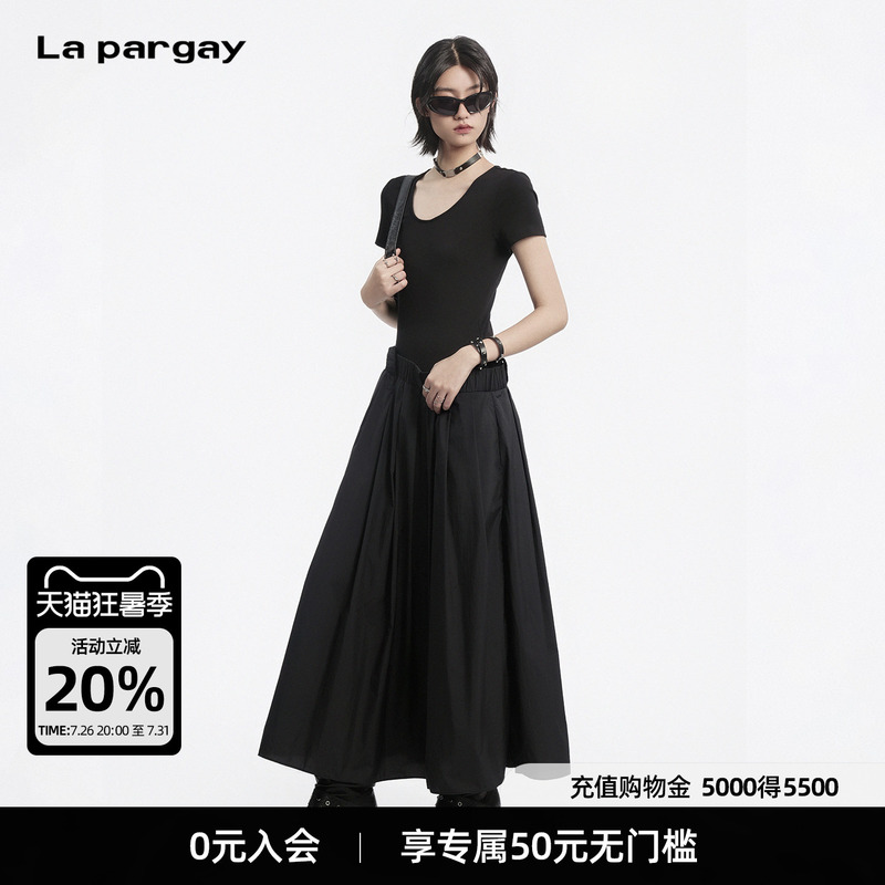 Lapargay Elastic Waist Metal Buckle Long Dress Pleated Texture Little Black Dress L78209008V Lapargay Elastic Waist Metal Buckle Long Dress Pleated Texture Little Black Dress L78209008V