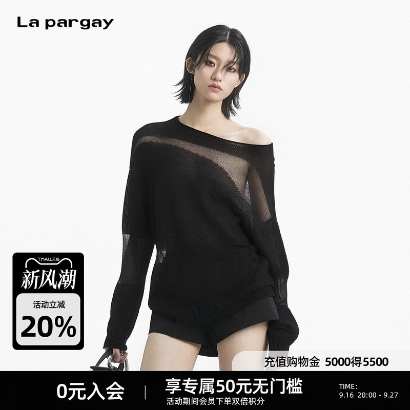 Lapargay Mesh Patchwork Knit Sweater, Loose Drop-Shoulder Sleeves, Dark Style for Hot Girls, L78308205C Lapargay Mesh Patchwork Knit Sweater, Loose Drop-Shoulder Sleeves, Dark Style for Hot Girls, L78308205C