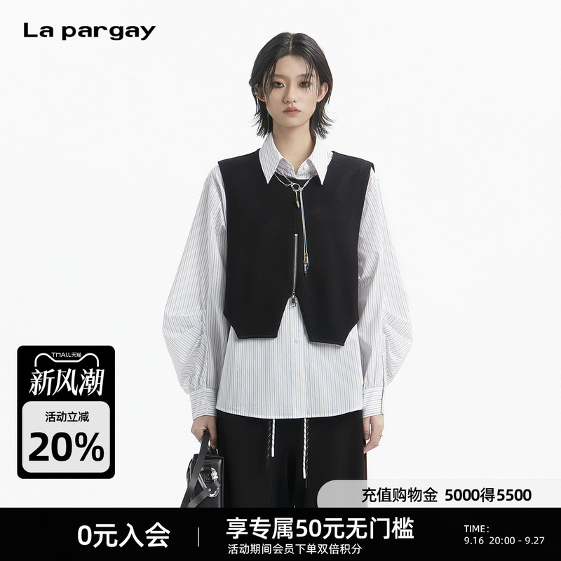 Lapargay Trendy Layered Style Genuine Two-Piece Striped Shirt Zip-Up Vest Shirt L78301902C