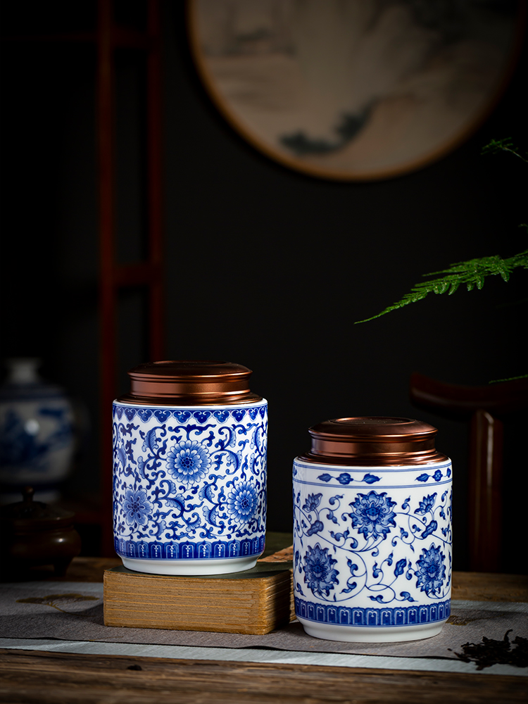 Blue and white half jins of jingdezhen ceramics with caddy fixings household of Chinese style loose tea and tea moisture proof seal storage tank