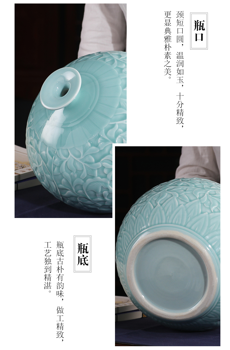 Jingdezhen ceramics green glaze vase manual embossment furnishing articles of modern Chinese style is contracted sitting room flower arranging household act the role ofing is tasted