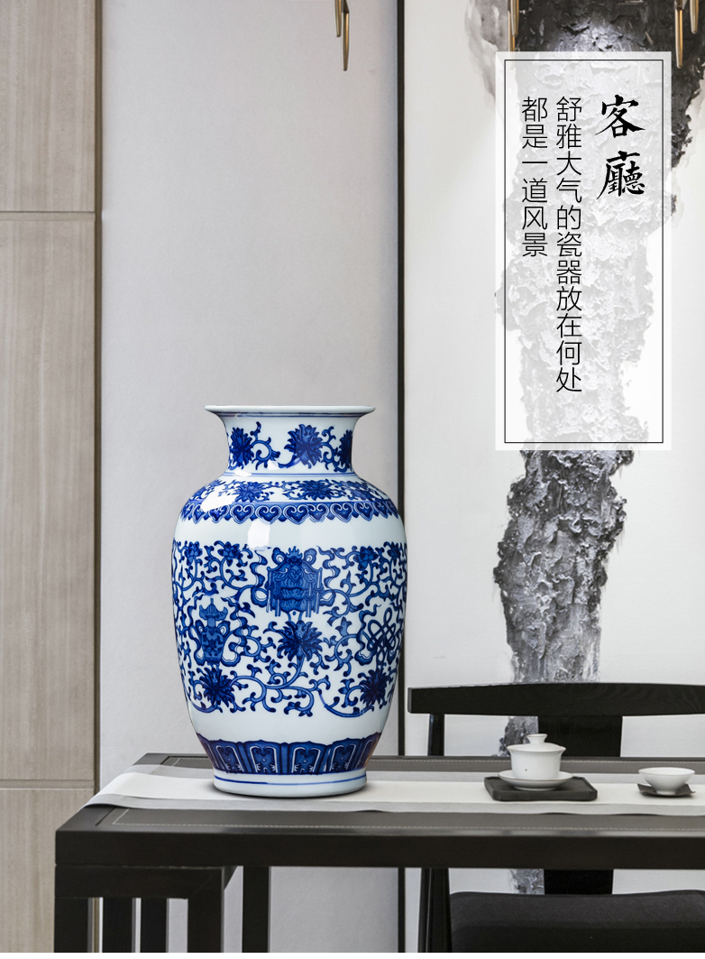 Jingdezhen ceramics antique blue and white porcelain vase flower arranging place of new Chinese style household living room TV cabinet decoration