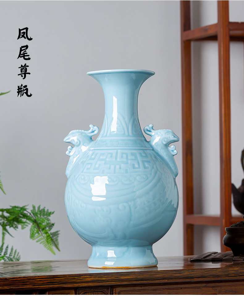 Jingdezhen ceramics azure glaze antique vase carved Chinese style restoring ancient ways home wine sitting room adornment is placed