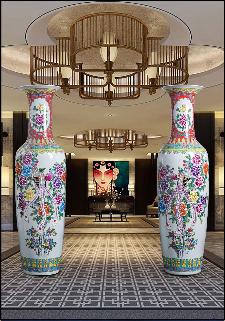 Jingdezhen porcelain ceramic large ground vase hand - made pastel peony phoenix home sitting room adornment is placed