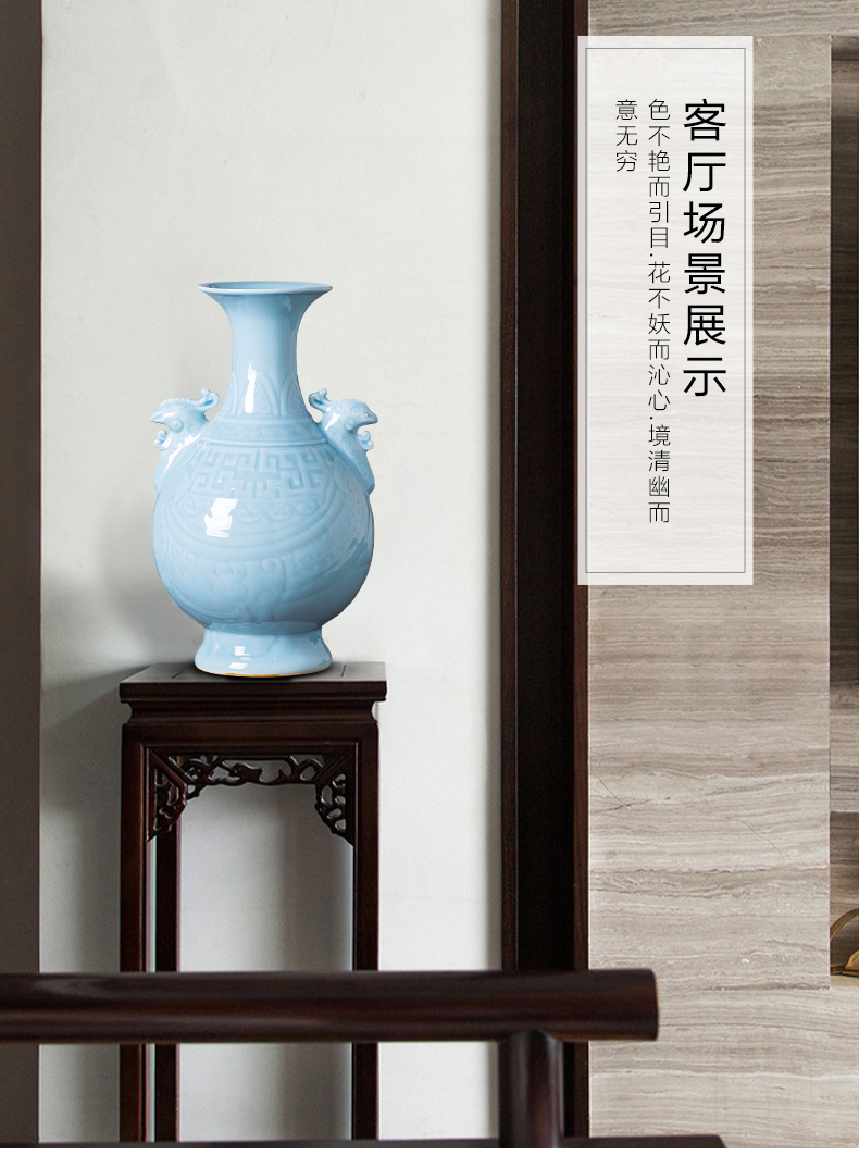 Jingdezhen ceramics azure glaze antique vase carved Chinese style restoring ancient ways home wine sitting room adornment is placed