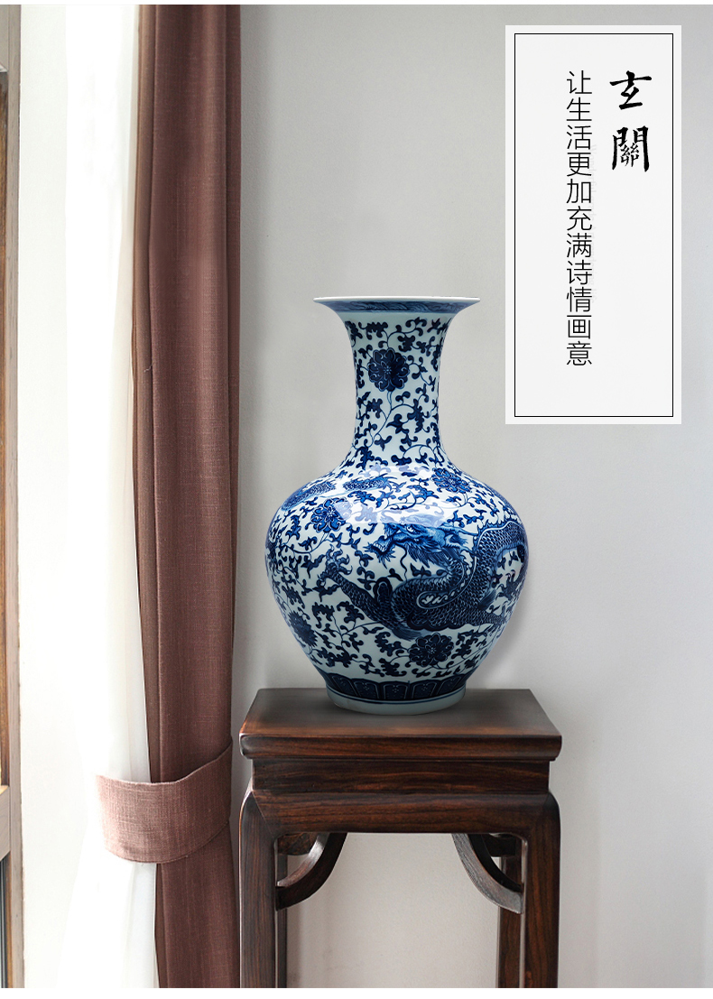 Jingdezhen ceramics hand - made ground vase of blue and white porcelain glaze color is placed under the new Chinese style household living room decoration