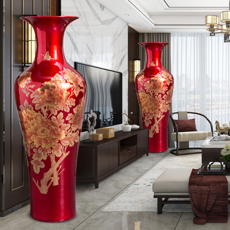 Jingdezhen ceramics China red crystal glaze oversized ground vase home sitting room hotel adornment furnishing articles