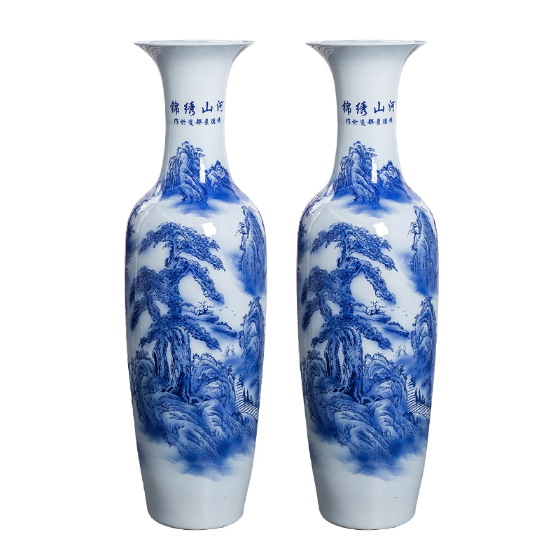 Blue and white porcelain of jingdezhen ceramics color ink large ground vase sitting room home furnishing articles furnishing articles hotel