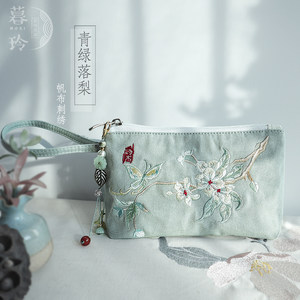 6.8inch Mobile Phone Bag, Chinese Style, Retro, Ethnic Style, Simple Canvas Embroidered Pencil Case, Coin Purse, Key Zipper Clutch Bag