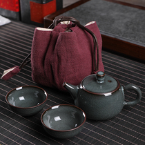 Celadon travel tea set Small set portable bag one pot two cups of ceramic iron tire ice crack teapot tea cup