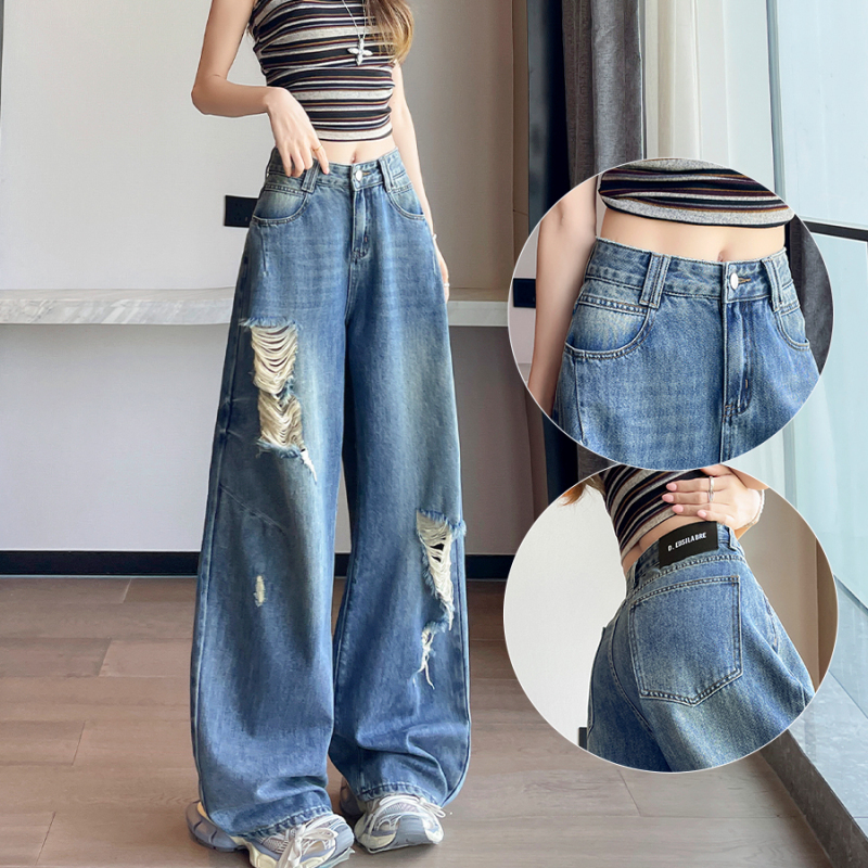 Vintage Ripped Scimitar Jeans for Women, Summer 2026, Thin High-Waisted Loose Slimming Long Pants, Floor-Length Wide-Leg Pants Vintage Ripped Scimitar Jeans for Women, Summer 2026, Thin High-Waisted Loose Slimming Long Pants, Floor-Length Wide-Leg Pants