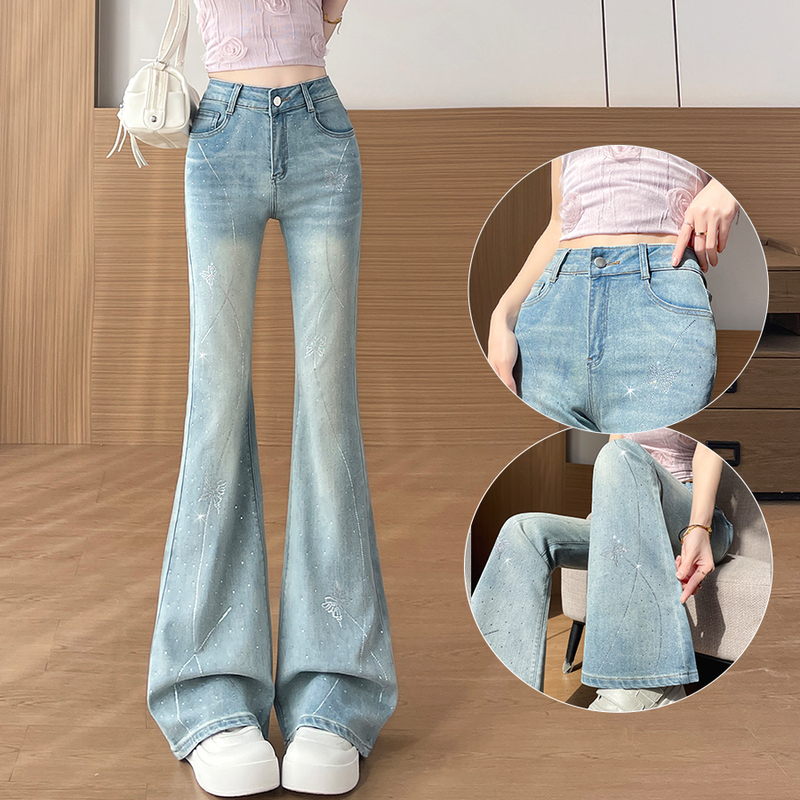 Butterfly Rhinestone Flared Jeans for Women 2026 Spring/Summer Thin High-Waisted Slim Fit Fashionable Light Blue Long Pants Bell-Bottoms