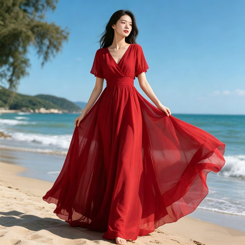 Summer New Red V-Neck Chiffon Dress for Women, Slimming, High-Waisted, Large Hem, Suitable for Travel and Beach Vacation