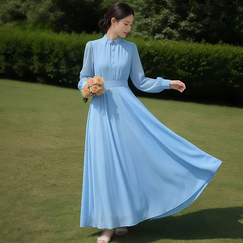Summer New Style Light Blue Chiffon Dress for Women, High-Waisted, Long-Sleeved, High-End, Vacation Beach Seaside Photo Shoot Long Dress