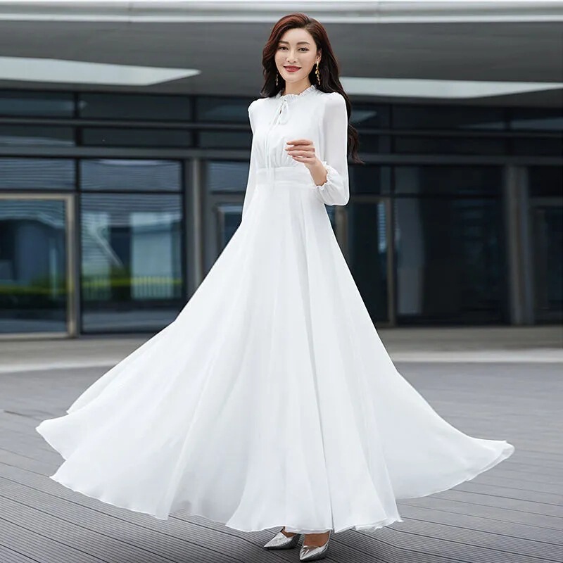 Spring and Summer New Long-Sleeved Tie-Neck Solid Color Chiffon Dress for Women, Slim Fit, Beach Vacation Long Skirt with Large Hem