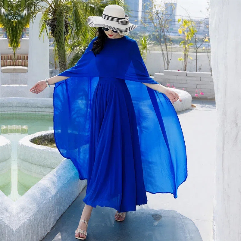 Chiffon Dress for Women, New Summer Style, Plus Size, Bohemian Sun Protection Shawl Two-Piece Set, Elegant Long Skirt with a Large Hem