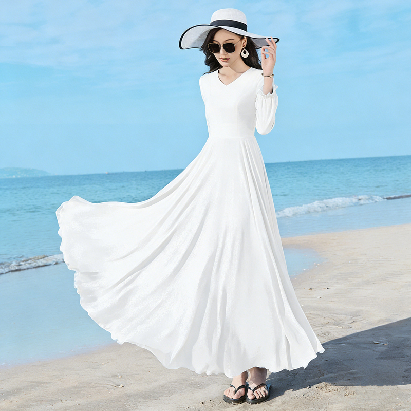 Spring and Summer New Long-Sleeved Chiffon Dress for Women, Double-Layered, Large Hem, Slimming Beach Dress, Plus Size, Mid-Length Dance Dress