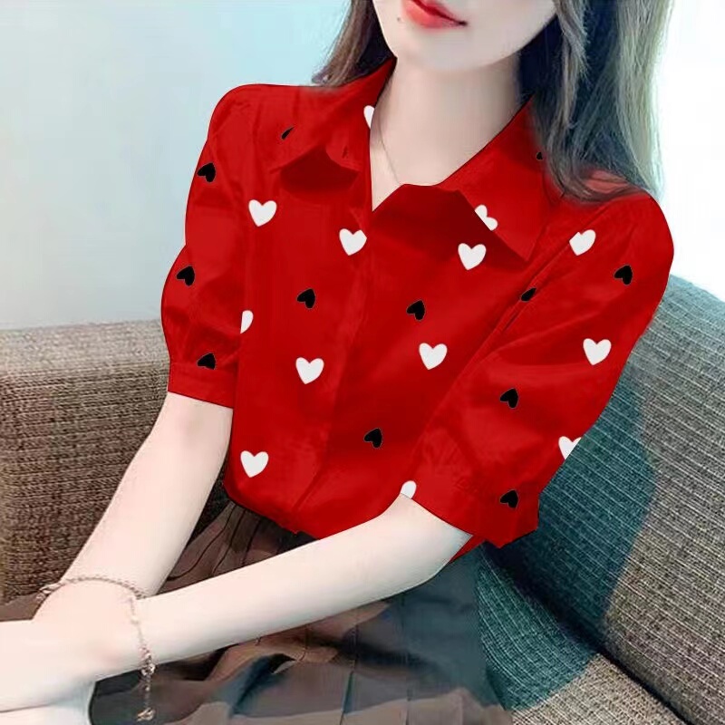 Love Print Short-Sleeved Shirt for Women 2025 Summer New Style Loose Slimming Fashionable Puff Sleeve T-Shirt Top