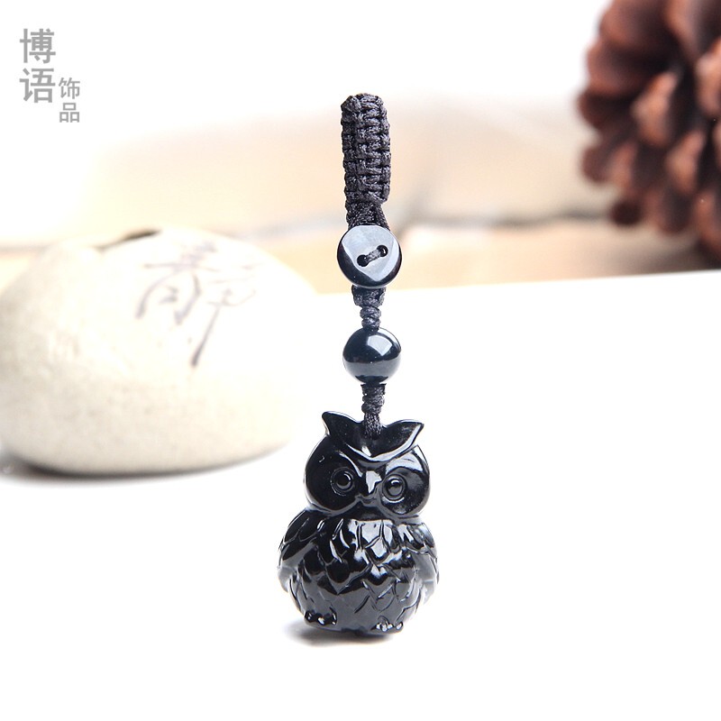 Owl Keychain Pendant Natural Obsidian Carved Owl Car Keychain Pendant Bag Pendant Jewelry