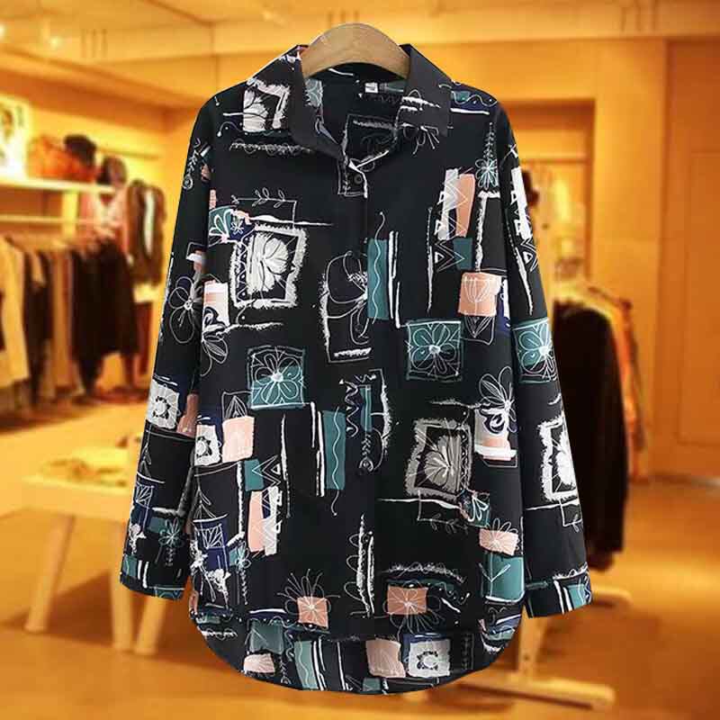 Spring clothing new middle aged mother blouses big sizes loose digital printing medium long version of snowspun shirts Korean version 40-year-old shirt
