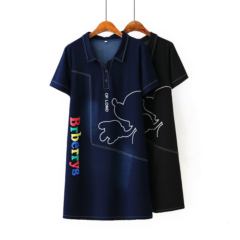 Middle Age Large Size Women's Dress Medium Long Version Letters Denim Dress 2020 Summer Short Sleeves 40-Year-Old Temperament Mama Ocean Dress Summer