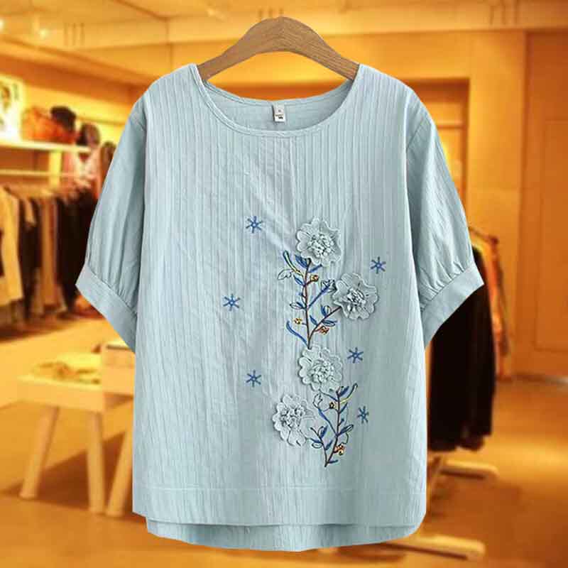 Summer dress new middle aged mother dress blouse big size loose cotton solid embroidered mid-aged T-shirt woman
