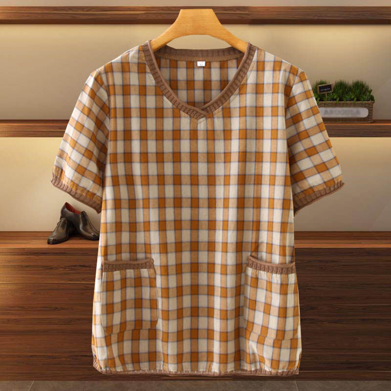 Middle-aged women's jacket fat mother loose meat v-neck plaid T-shirt large size middle-aged and elderly cotton and linen summer T-shirt