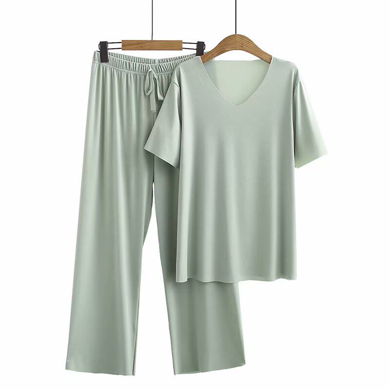 Summer dress new large size women's dress suit middle-aged 40 year old Han version super slim and high elastic ice silk two-piece pair of broadlegged pants