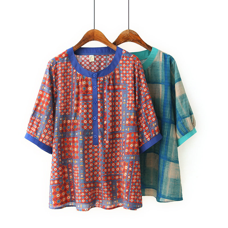 Large size dress for women in summer dress print Coloured mid-age Hooded Sweatshirt Summer Mom Loose Belly National Wind T-shirt