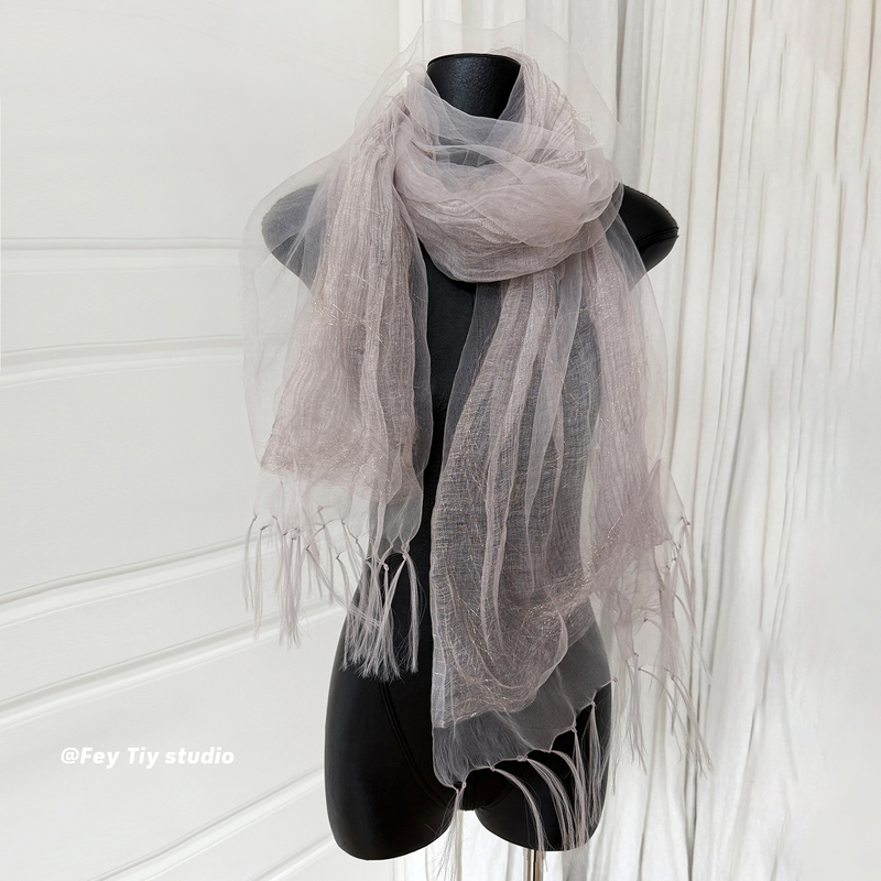 Feytiy Wood-Tone High-End Double-Layer Japanese Organza Silk Scarf, Atmospheric Spring and Summer New Decorative Scarf for Women