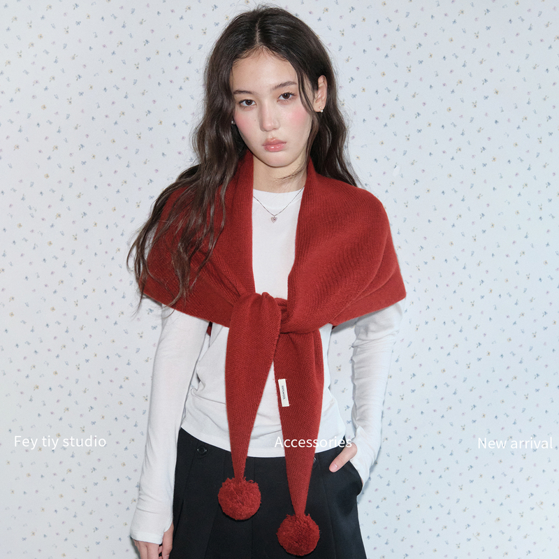 Feytiy Raspberry Red 100% Sheep Wool Knitted Large Shawl Women's Autumn and Winter Warm Wool Ball Scarf Triangle Scarf Feytiy Raspberry Red 100% Sheep Wool Knitted Large Shawl Women's Autumn and Winter Warm Wool Ball Scarf Triangle Scarf