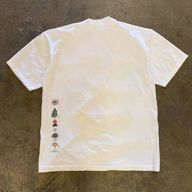 【24H Pure Cotton】260G Heavyweight Happy Camping Print Pure Cotton Short-Sleeve T-Shirt 26 New Style Loose Fit Unisex