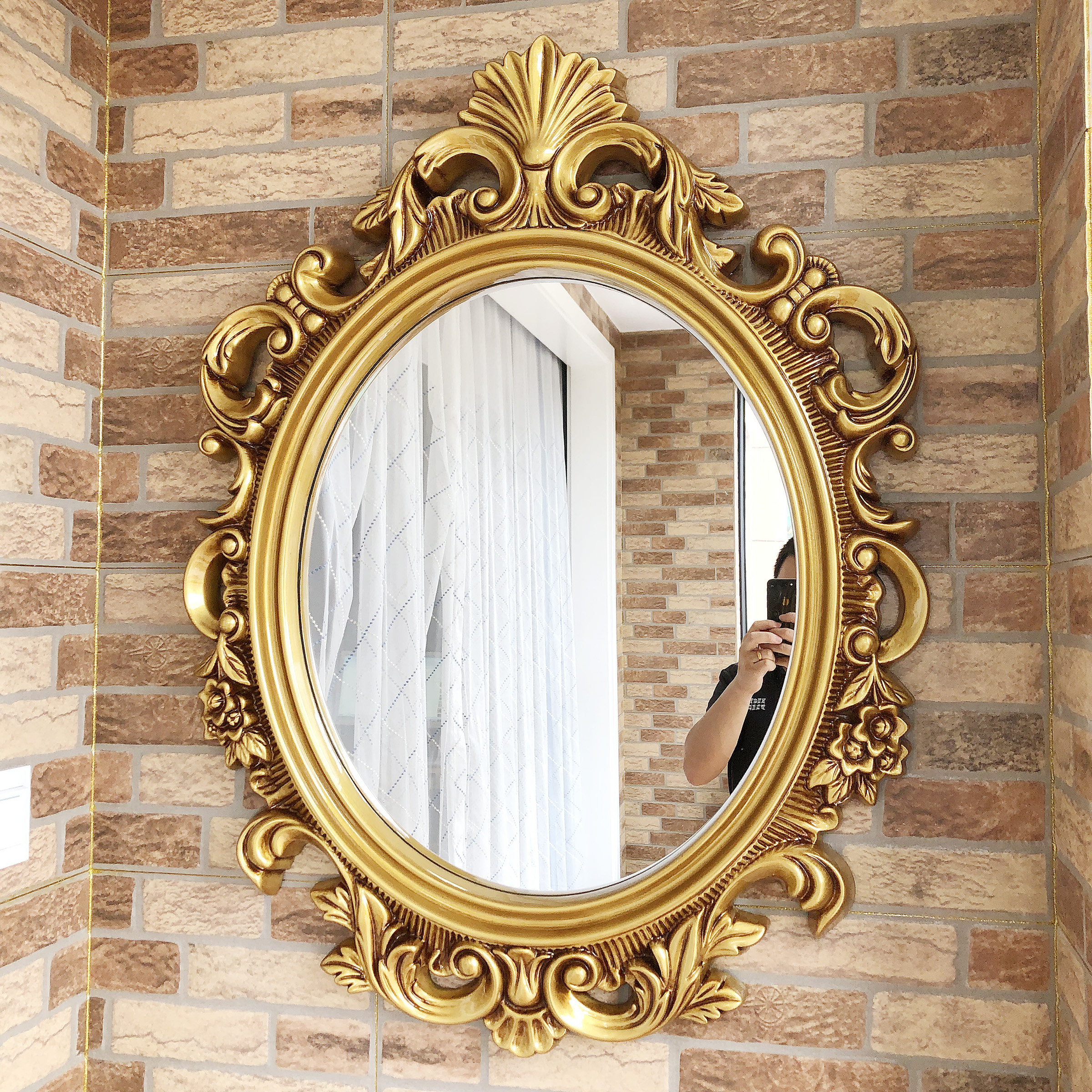Eurostyle American Waterproof Bathroom Mirror Makeup Room Wall-mounted Cosmetic Mirror Genguan Oval Retro Decorative Mirror Cosmetic Mirror