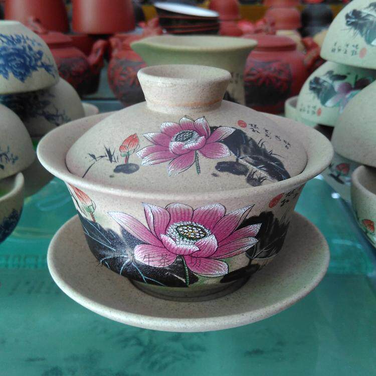 Purple sand covered bowl Three Cai cup tea bowl Coarse pottery large tea preparation ceramic Gongfu tea set Tea making device Song Tao tea cup