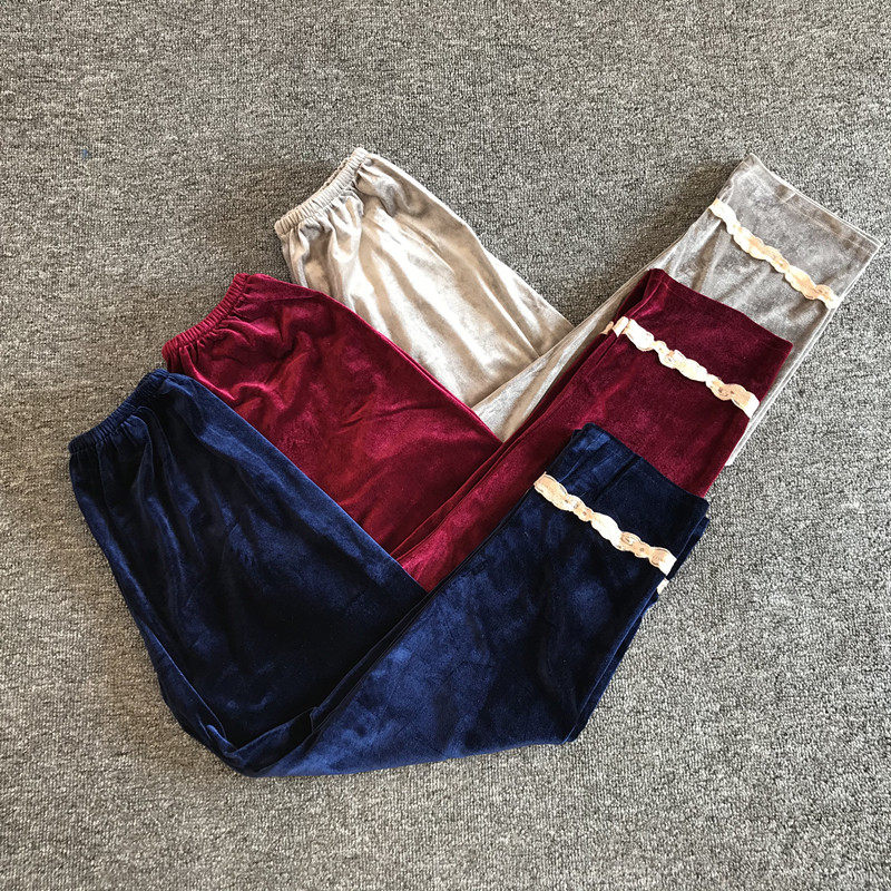 Sleeping Pants Woman Long Pants Autumn Winter New Products Home Pants Loose big-size Trousers Can Go Out Gold Velvet Lace Home Pants-Taobao