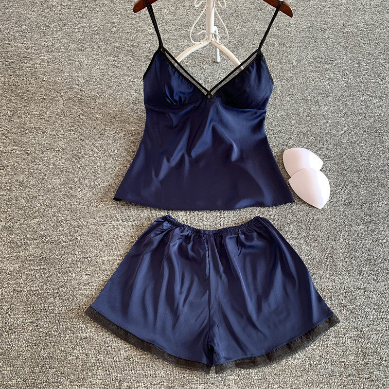 Sexy Seduction Pyjamas Woman Summer Chest Cushion Harness Shorts Two Sets Of Ice Silk Multicolored Home Suit-Taobao