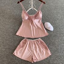 Sexy hollow pajamas female summer chest cushion suspenders two-piece Ice Silk multi-color home clothing set new