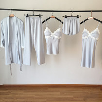 Chest pad five-piece set of Korean silk pajamas female summer sexy suspender robe set ice silk nightgown