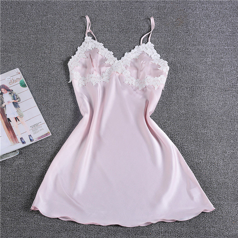 White Embroidered Lace Lady Summer New Emulation Silk Ice Silk Sleeping Dress With Chest Cushion Pyjamas Woman Summer Sexy