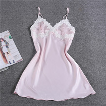 White embroidered lace ladies summer new simulation silk ice silk nightgown with chest pad pajamas female summer sexy