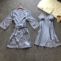 Ice silk nightgown female summer sexy pajamas two-piece set with chest pad summer small chest embroidery lace nightgown new product