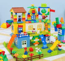 Childrens assembly large particles compatible LEGO slide castle car building blocks table educational toys 3-6 years old boys and girls