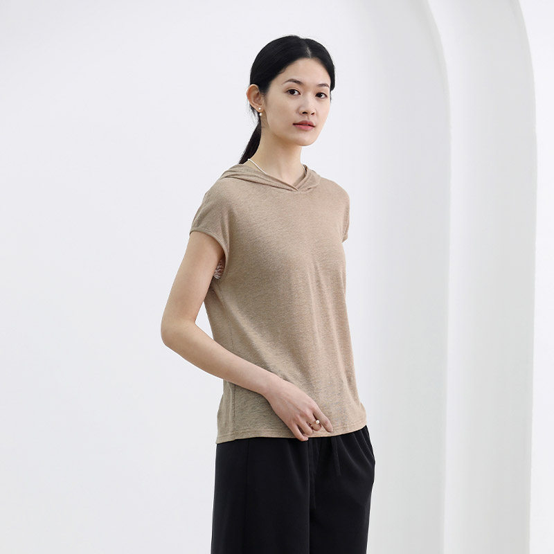 Monastery Mountain Wen also wood Linen Knit linen knit Lianhood hooded sweatshirt Simplicity Casual Short Sleeve Pure Color 100 Hitch Blouse Summer Lady